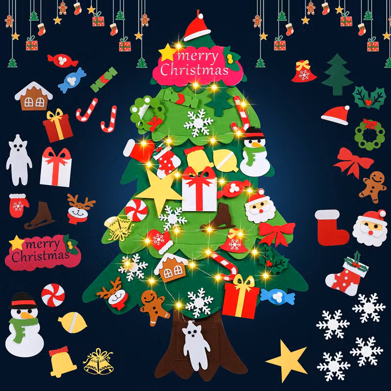 Jopassy Albero di Natale di feltro, albero di Natale fai da te Set di Natale appeso replica per bambini regalo di Natale con luci LED, 32PCS Ornamento LED Albero di Natale fai da te