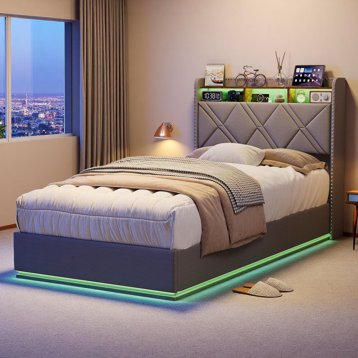 Letto imbottito UnboxG, dimensioni 90x200 cm, con contenitore, sistema di sollevamento idraulico, illuminazione LED, prese di ricarica USB e Type-C, testiera con vano portaoggetti, rivestito in lino, colore grigio