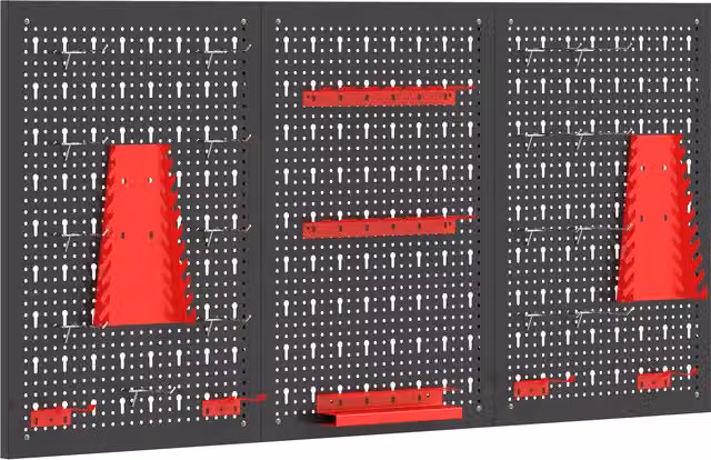 Set di 3 pannelli porta attrezzi da parete HOMCOM in acciaio con 9 supporti e 16 ganci, nero e rosso – 1