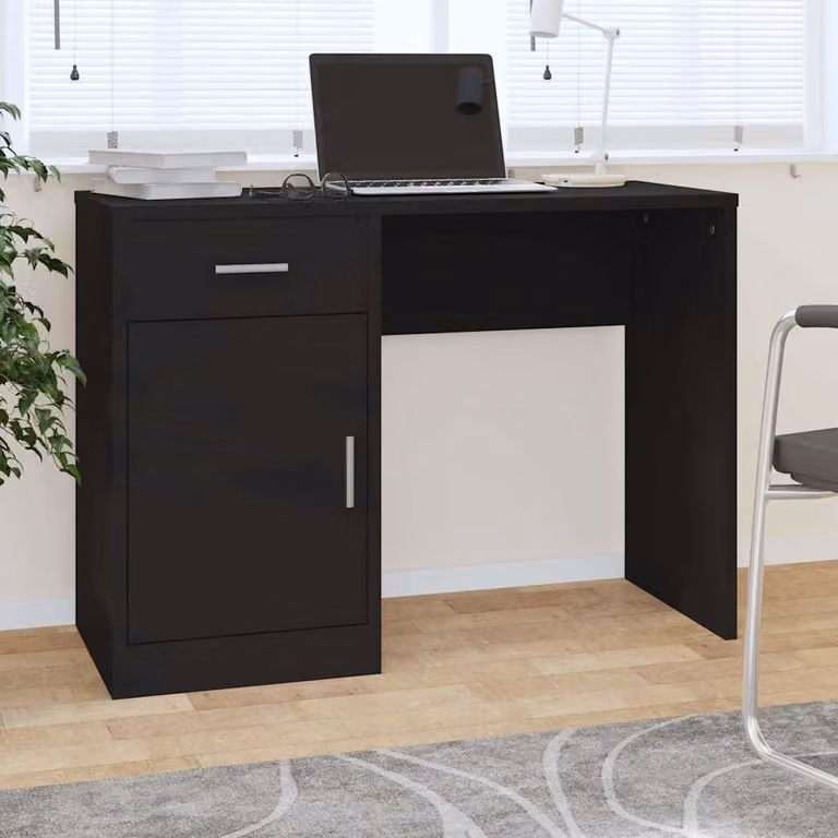Scrivania da ufficio moderna vidaXL in legno e metallo con cassetto, colore nero, L 100 cm x P 40 cm x H 73 cm
