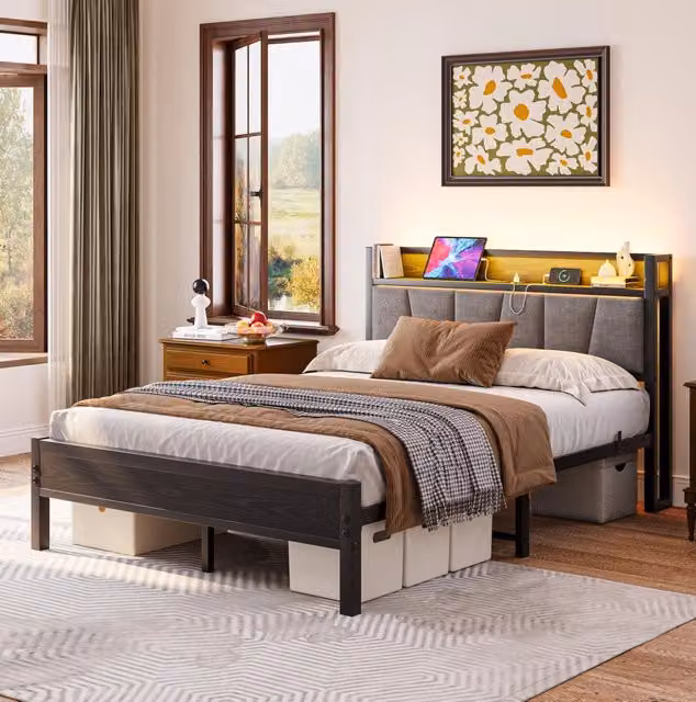 Letto matrimoniale 140x190 cm nero con LED e USB, struttura in MDF e metallo