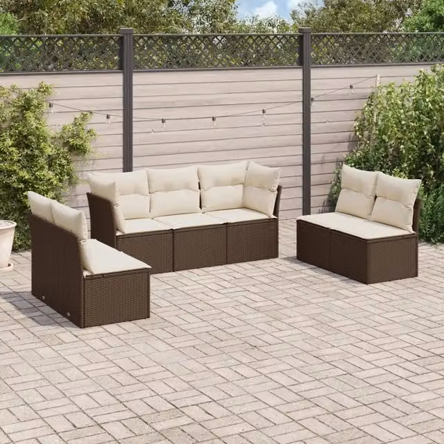 Set di divani da giardino VIDAXL in polyrattan marrone con cuscini, design moderno a forma di L, 7 pezzi – 1