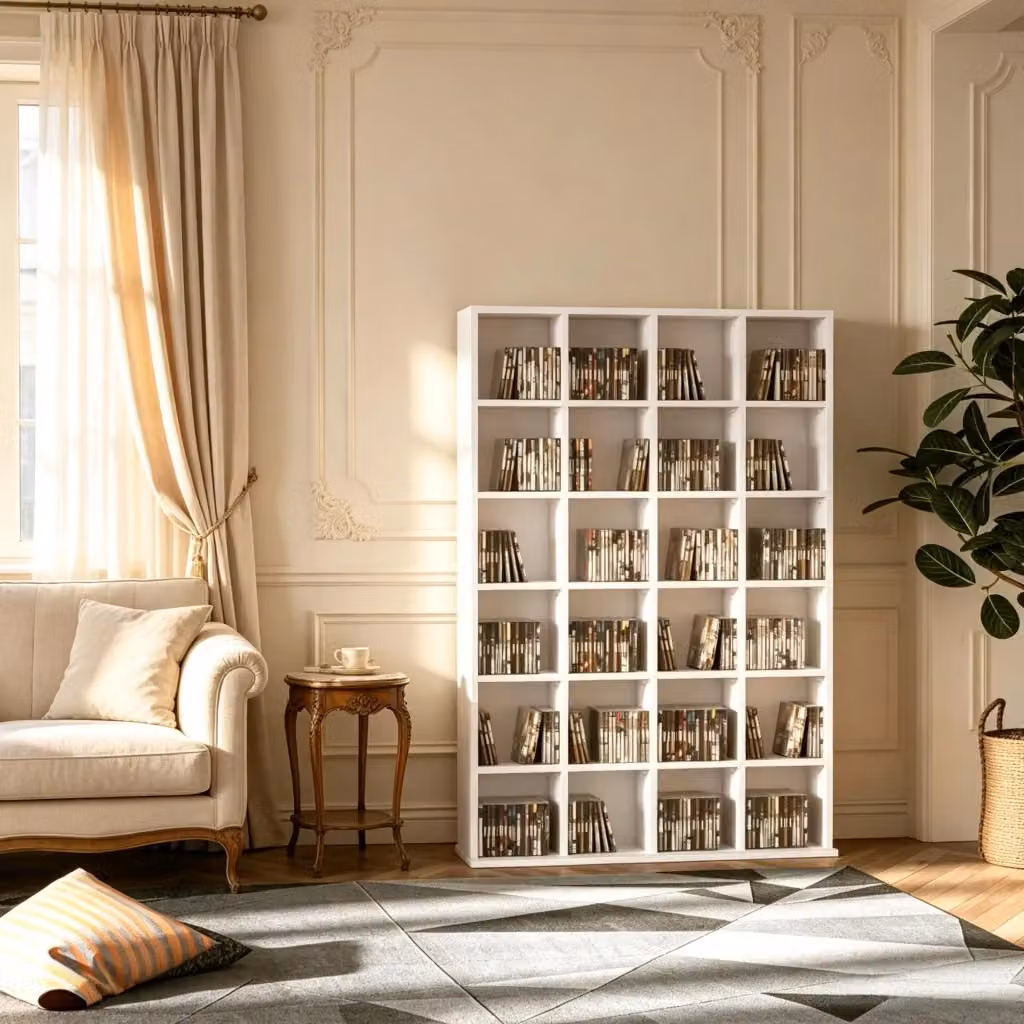 Scaffale porta CD/DVD WISHDOR bianco con ripiani regolabili e fissaggio a parete in MDF – 2