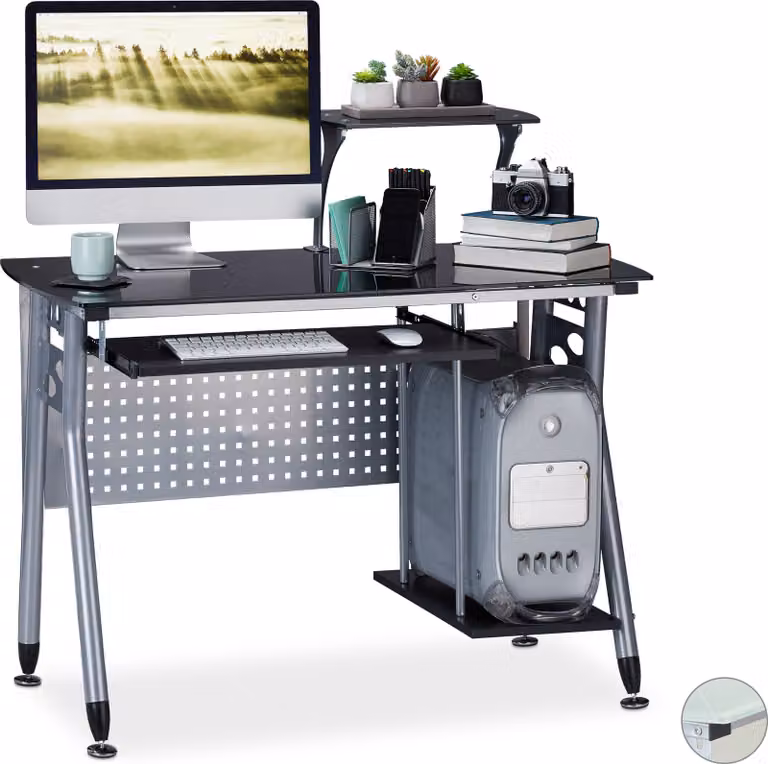 Relaxdays: scrivania per computer in vetro, con ripiano estraibile per tastiera e vano per PC, L x P x A: 98 x 105 x 55 cm, stile moderno, per studio, nero