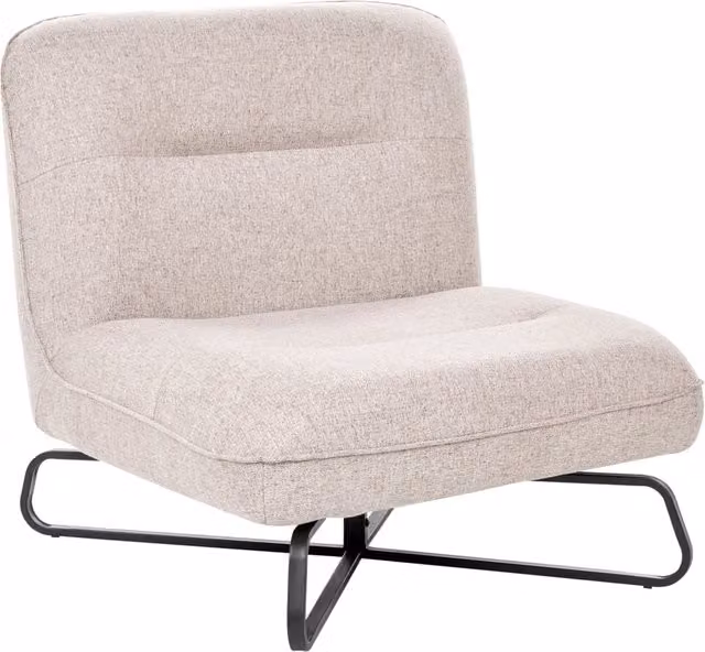 Poltrona in tessuto beige, seduta ampia, senza braccioli, struttura in metallo nero, complemento d'arredo moderno per il soggiorno