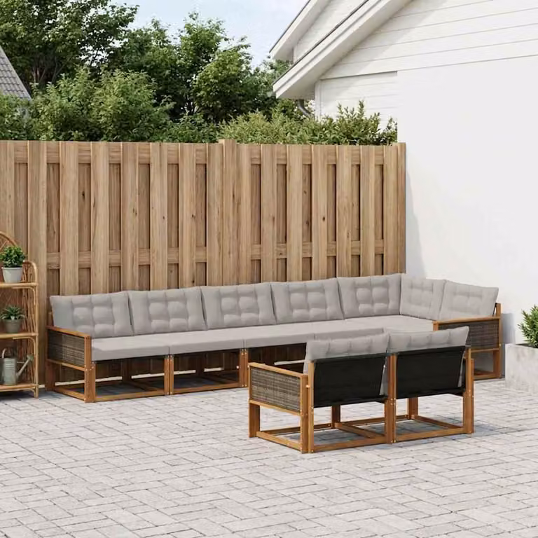 Set di divani da esterno moderno vidaXL in legno di acacia con tessuto textilene, 8 pezzi, Naturale e Grigio Chiaro