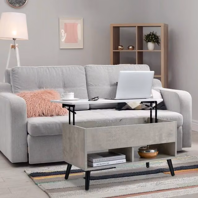 Tavolino da caffè moderno DESIGN IN con scomparto nascosto e 2 scaffali aperti in legno e metallo, Grigio