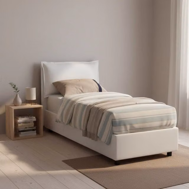 Letto singolo contenitore Aren Talamo Italia con rivestimento in tessuto e materasso incluso, Bianco, 80x190 cm – 1