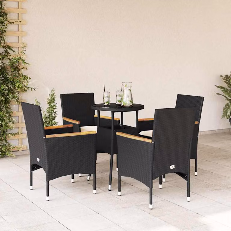 Set da Pranzo da Giardino vidaXL in Polyrattan e Legno di Acacia con Piano in Vetro e 5 Cuscini, Bianco e Nero