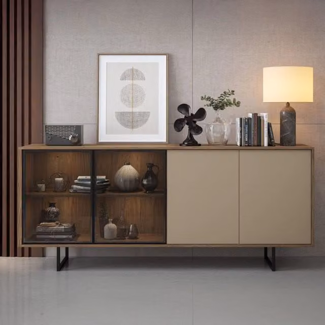 Madia Malnate DMORA con cassetti, colore marrone e beige, stile moderno per cucina o soggiorno, L: 200 cm, P: 40 cm, H: 87 cm