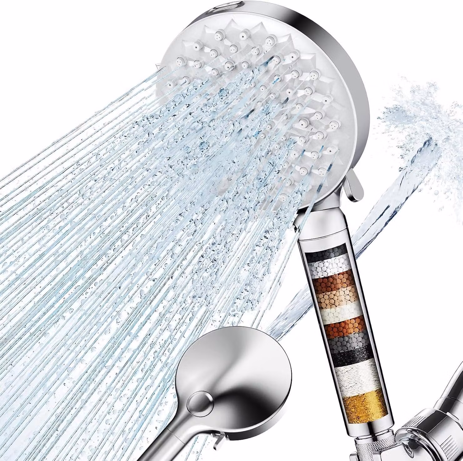 Doccia con 7 diverse tipologie di getto, colore argento, sistema di risparmio idrico, filtro, per bagno