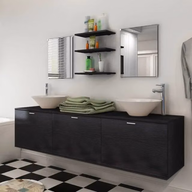 Set Mobili da Bagno Moderno vidaXL con Mobile Lavabo e Armadietto Specchio in Legno, Ceramica e Metallo, Colore Bianco, Nero e Argento, L/P/H: 180 x 45 x 45 cm