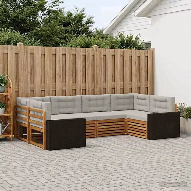 Set di divani da esterno a L vidaXL in legno di acacia con cuscini, 6 pezzi, Beige e Grigio – 1