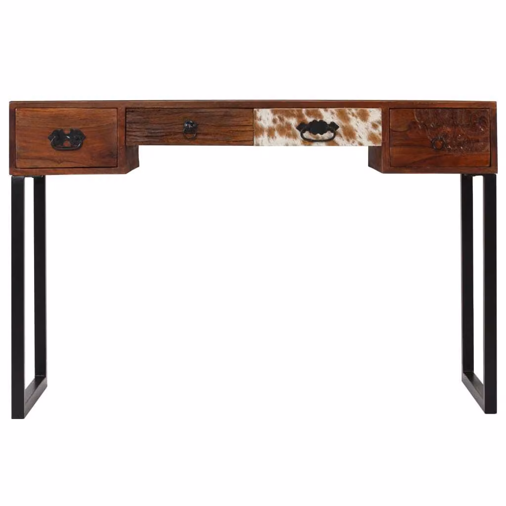 Scrivania Legno Massello di Acacia e Vera Pelle 117x50x76 cm