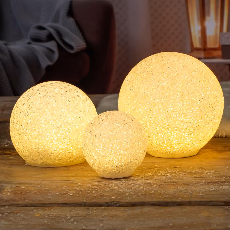 Set di 3 sfere luminose LED, luce bianca calda, dimensioni 8/12/15 cm. Sfera luminosa, decorazione a forma di perla, alimentata a batteria. Ideale per la decorazione della tavola, perfetta per Natale
