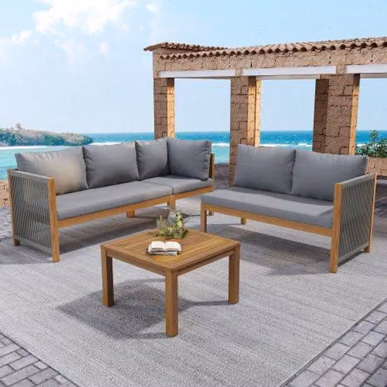 Set di mobili da giardino, panca angolare + tavolino da divano, struttura in acacia, piano del tavolo in acacia, corda intrecciata a mano, lavorazione artigianale, per il giardino, grigio