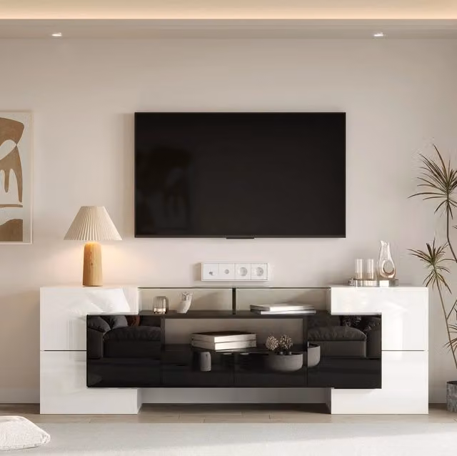 Mobile TV moderno 200 cm con LED; bianco lucido e nero; in truciolare