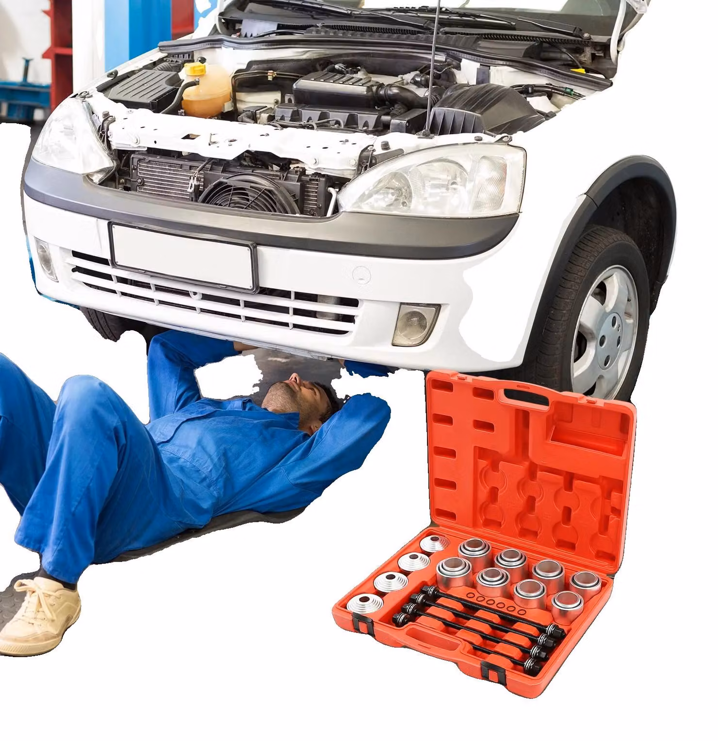 Kit di strumenti per la rimozione delle guarnizioni dei cuscinetti a manicotto, composto da 28 utensili, con manicotti di pressatura di 55 mm di lunghezza, con diversi diametri interni ed esterni. La valigetta degli attrezzi misura 42 cm x 9,5 cm x 35,5 c