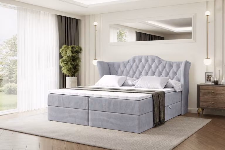 Letto boxspring ALTDECOR VILA, letto imbottito con testiera e contenitore - Materasso di media rigidità (H3) - 140x200 - Velluto grigio chiaro