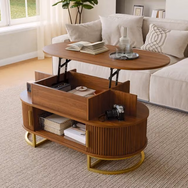 Tavolino da salotto con piano elevabile, 2 ante scorrevoli e vani, per soggiorno, in MDF, noce, 100×50×64 cm