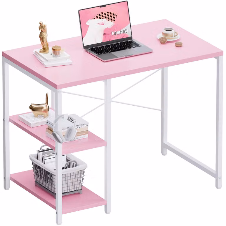 Scrivania compatta per computer da 80 cm, con ripiani, ideale per l'ufficio domestico, con gancio per cuffie, adatta per la camera da letto, scrivania per PC in spazi ridotti, color rosa