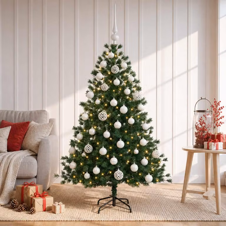 Albero di Natale artificiale con decorazioni natalizie, altezza 150 cm, 150 luci LED