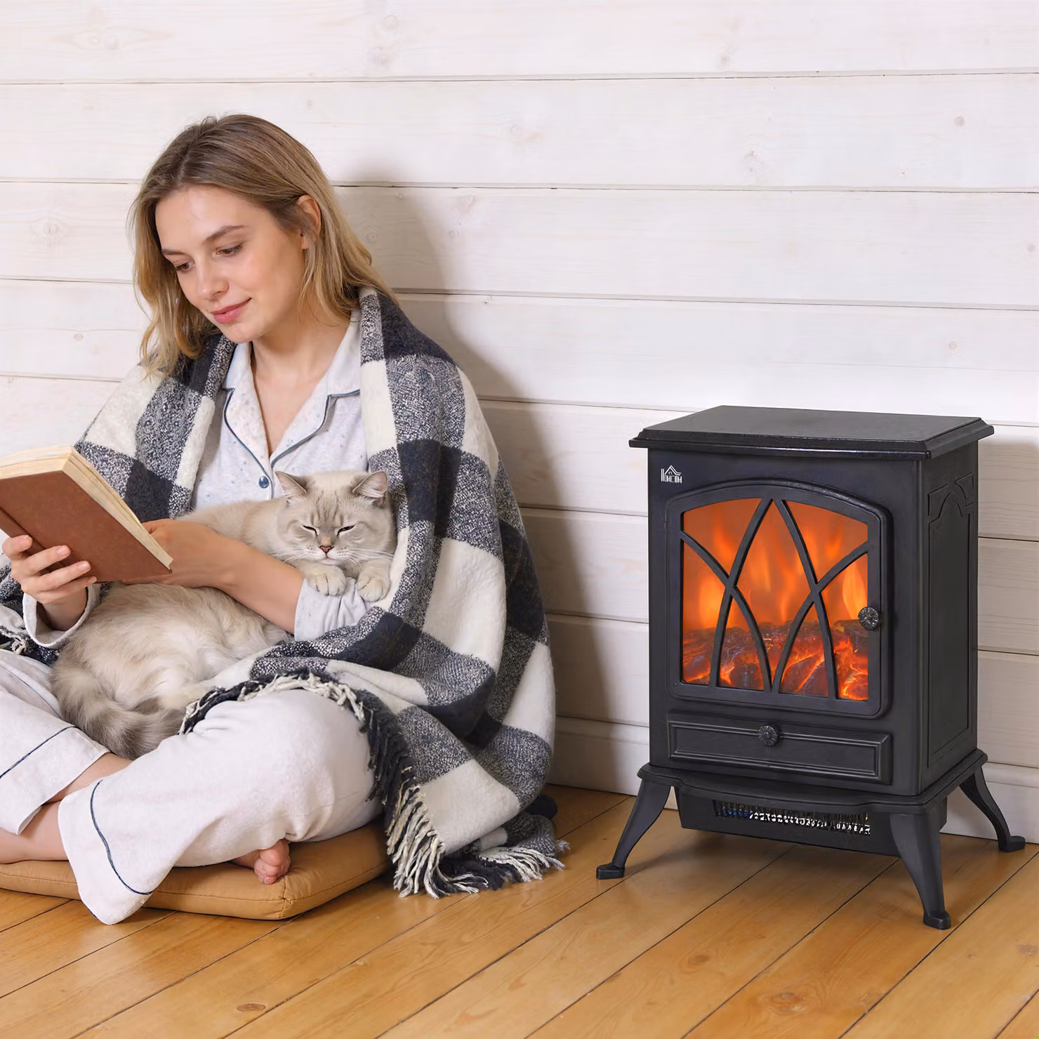 Camino Elettrico con Effetto Fiamma Stile Retrò HOMCOM, Termostato 1000-2000W e Luce Regolabile, Nero – 2