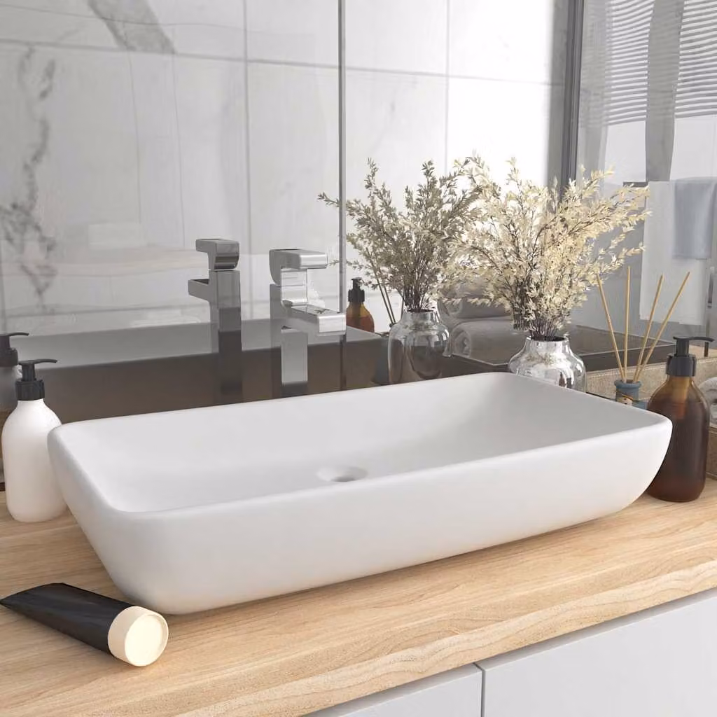 Lavandino Luxury Rettangolare vidaXL in Ceramica Bianco Opaco L: 71 cm, P: 38 cm – 1