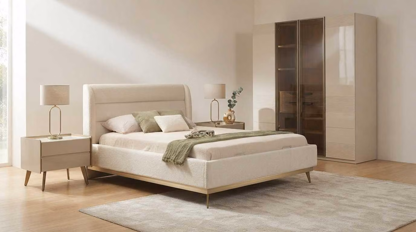 Set per camera da letto beige, moderno, letto, armadio, comodini