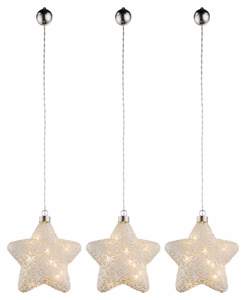set di 3 stelle LED, lampada a sospensione, vetro bianco, L15 cm