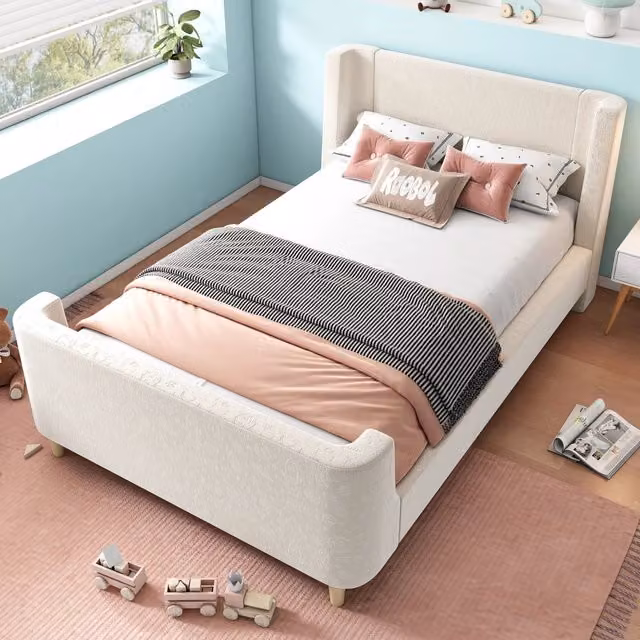 Letto singolo per bambini OKWISH in velluto beige con testiera imbottita e angoli arrotondati, L/P: 90 x 200 cm