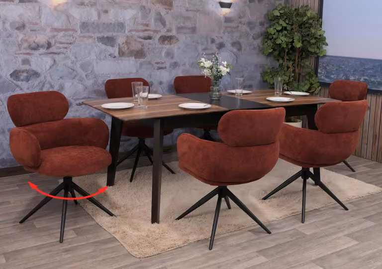 Set di 6 sedie da pranzo modello HWC-O77, sedia per cucina, girevole con sistema di ritorno automatico, rivestita in tessuto chenille (310g/m²), colore rosso-marrone