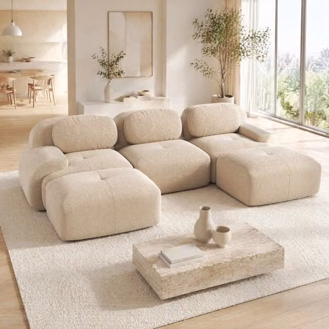 Divano modulare a U 298x178x70 cm in tessuto a coste beige, senza montaggio, per soggiorno –