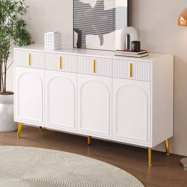Credenza Zephmum moderna con 4 ante e 4 cassetti, finitura bianca e dettagli dorati, L: 140 cm, P: 37.8 cm, H: 82 cm