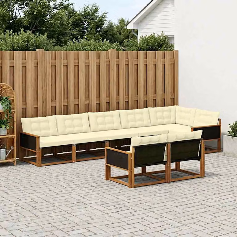 Set di divani da esterno vidaXL 8 pz in legno di acacia con cuscini beige e bianco e rivestimento in textilene, design moderno a L per giardino e terrazza