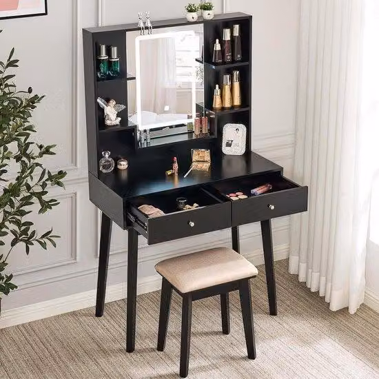 Tavolino da salone di bellezza con piano illuminato e vano portaoggetti per i cosmetici - Nero intenso con specchio e accesso alla seduta