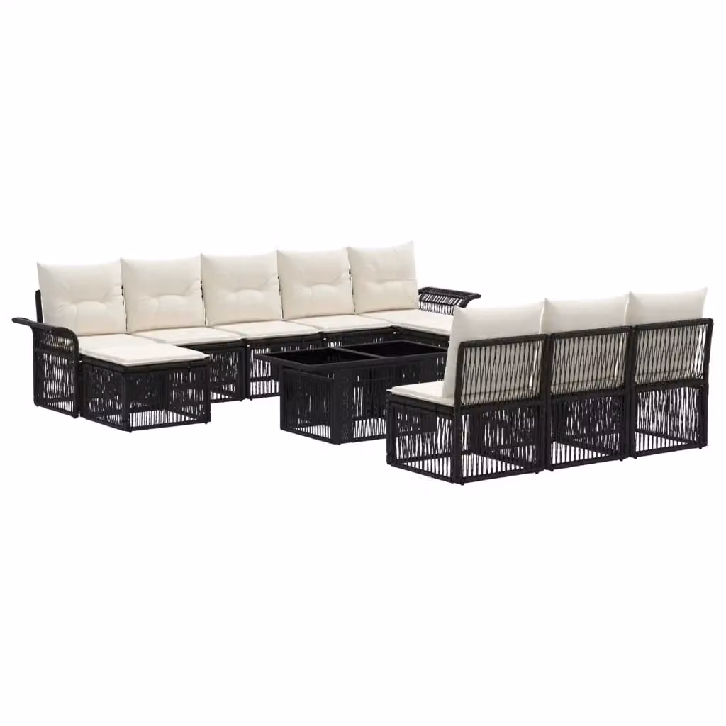 Set Divano da Giardino vidaXL in Polyrattan Nero e Bianco con Cuscini e Tavolino da Esterno 11 Pezzi – 2