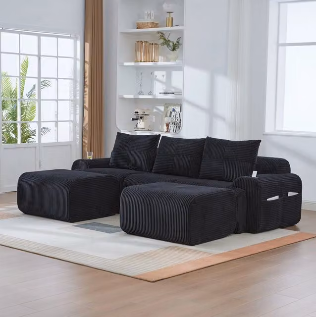 Divano modulare 3 posti 268x174x80 cm in tessuto nero con portabicchiere, per soggiorno –