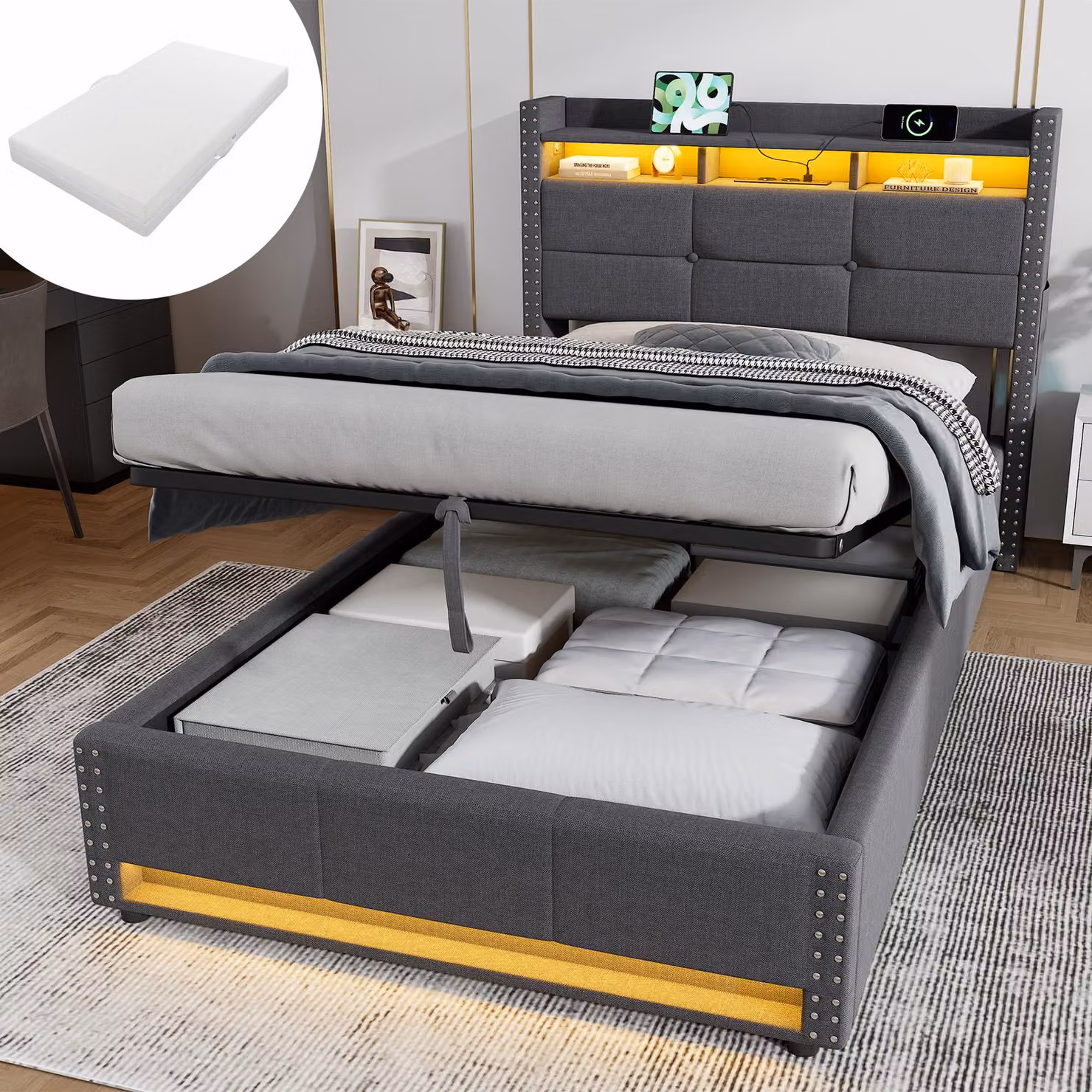 Letto imbottito idraulico MODFU, 90x200 cm, con materasso, luci LED e porta USB, letto contenitore con ampio spazio di stoccaggio, letto per giovani con testiera imbottita, colore grigio