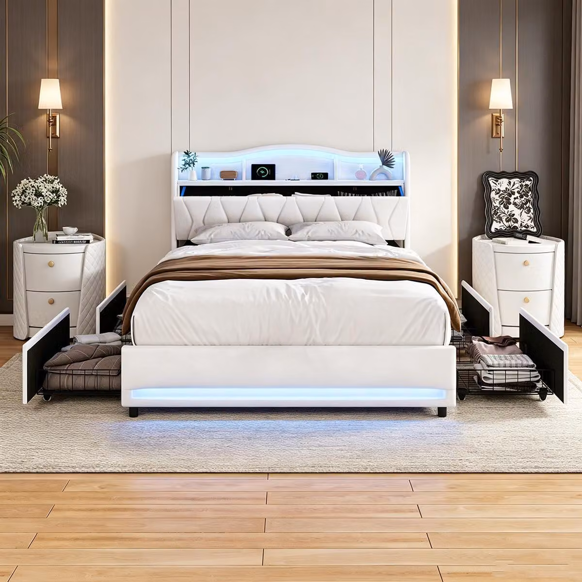 Letto imbottito INONEFT 140x200 con cassetto contenitore, letto matrimoniale con LED e USB, letto per ragazzi, struttura letto con rete a doghe, letto contenitore, velluto, beige