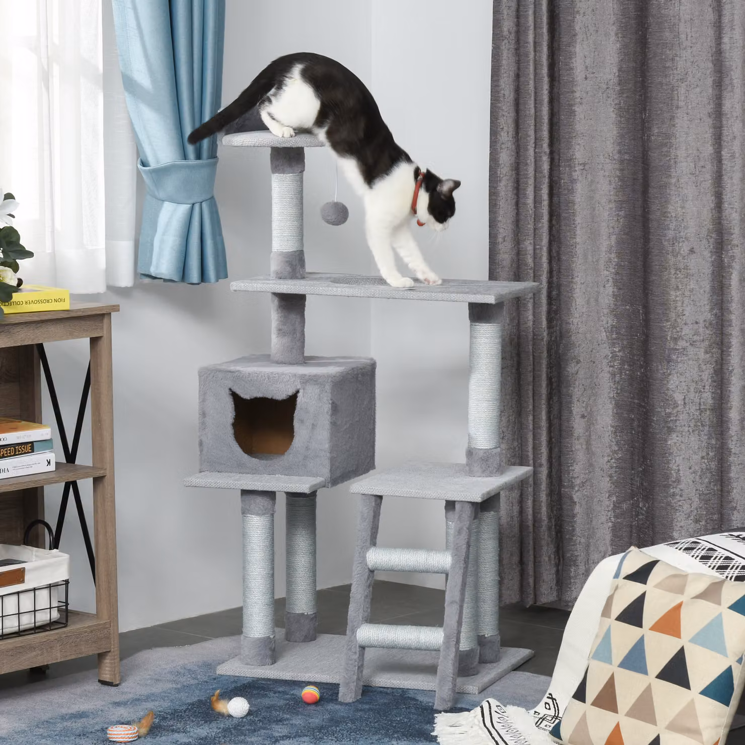 Tiragraffi Palestra per Gatti Multilivello PawHut con Casetta, Scala e Pali in Corda di Sisal, Grigio, L/P/H: 40 x 60,5 x 124 cm, Aosom – 2
