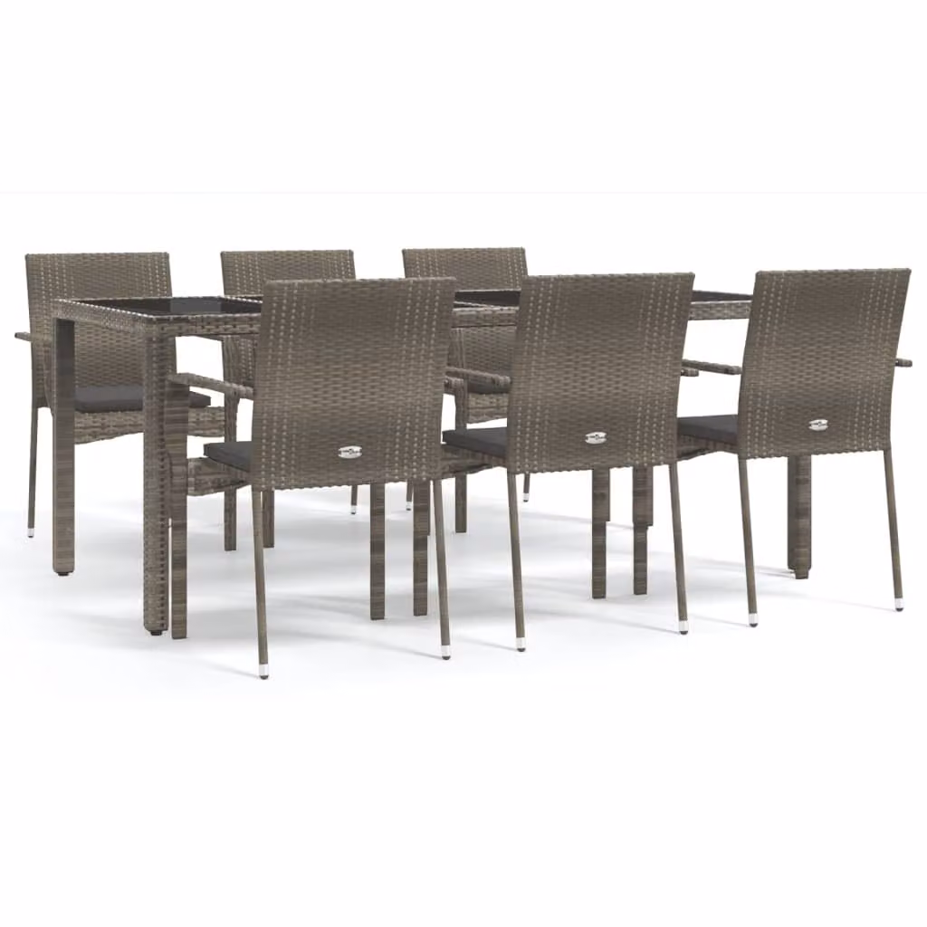 Set da Pranzo da Giardino 7 pz con Cuscini in Polyrattan Grigio