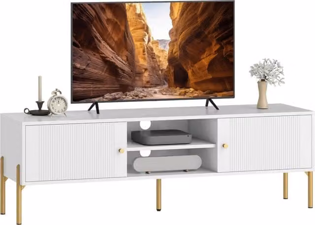 Mobile TV Minimal bianco per schermi fino a 65 pollici L: 140 cm, P: 38 cm, H: 45,9 cm