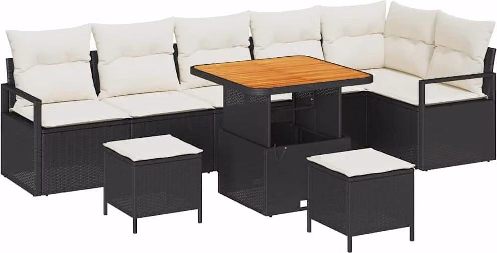 Set Divano da Giardino con cuscino 9 pcs Nero Poly Rattan