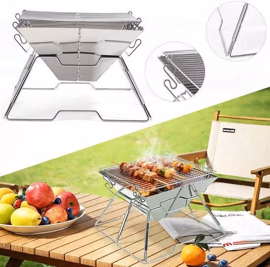 Barbecue a carbone semplice – Griglia pieghevole con montaggio rapido e altezza regolabile