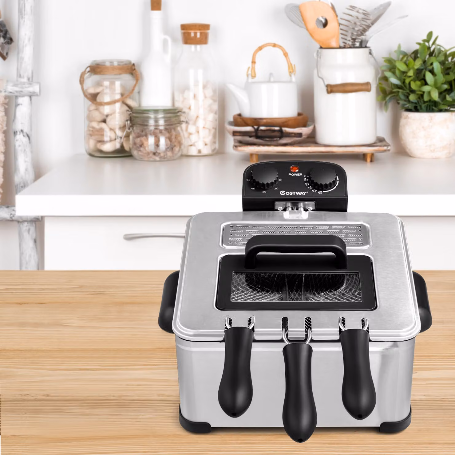 Friggitrice elettrica Costway da 1700 W con 3 cestelli, capacità 5 l, timer e temperatura regolabile, colore argento in acciaio inossidabile