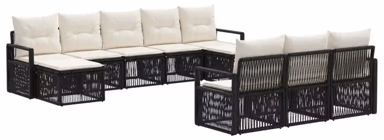 Set da giardino composto da 10 pezzi, colore nero, realizzato in rattan sintetico