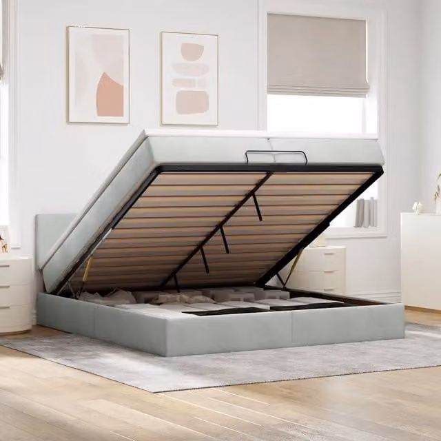 Letto con contenitore a sollevamento vidaXL in velluto grigio e bianco con illuminazione sottostante e porta USB L 200 x P 200 x H 280 cm