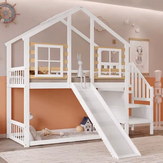 Letto a castello Mivray per bambini in legno e MDF bianco con scala, scivolo e struttura a casetta, L/P/H: 200 x 90 x 154 cm
