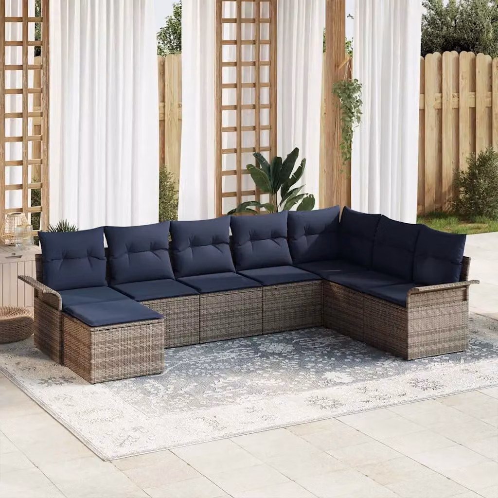 Set Divano da Giardino vidaXL 8 pz in Poly Rattan e Metallo Grigio e Blu